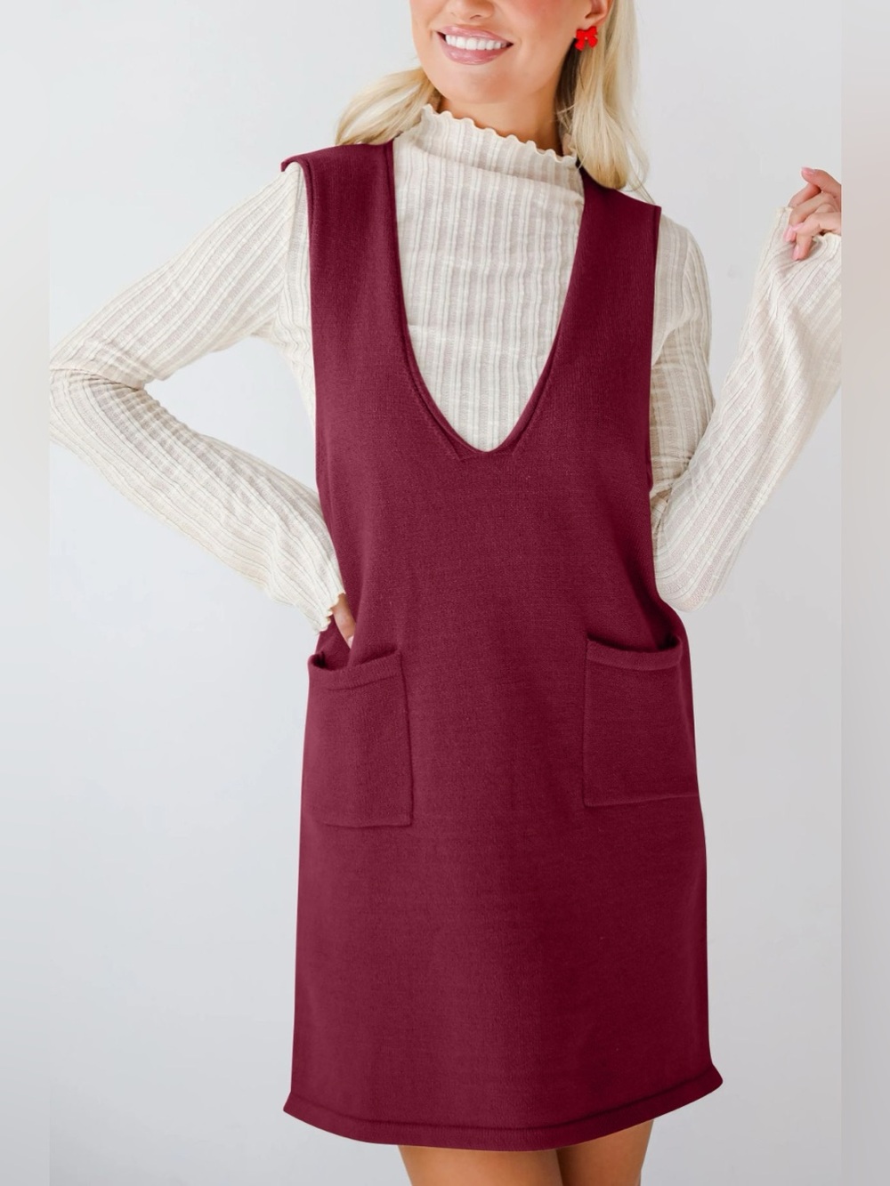 Lovelet Pocketed V-Neck Mini Sweater Overall Dress - Picture 4 of 16